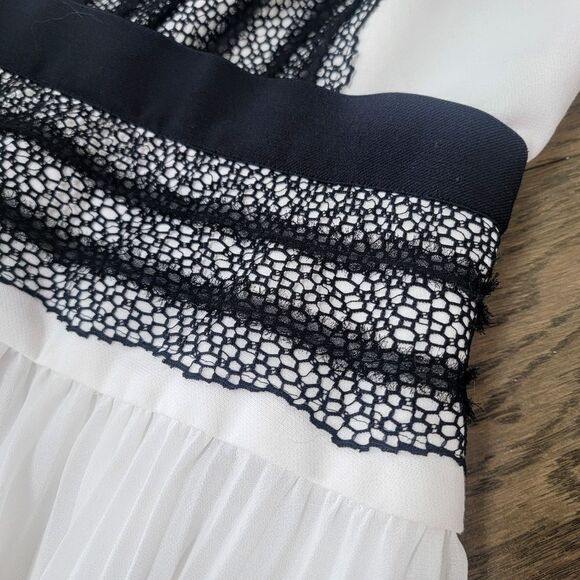 BCBGMAXAZRIA Adelyn Pleated Lace Sleeveless Hi Low Dress in White & Black - Picture 7 of 16